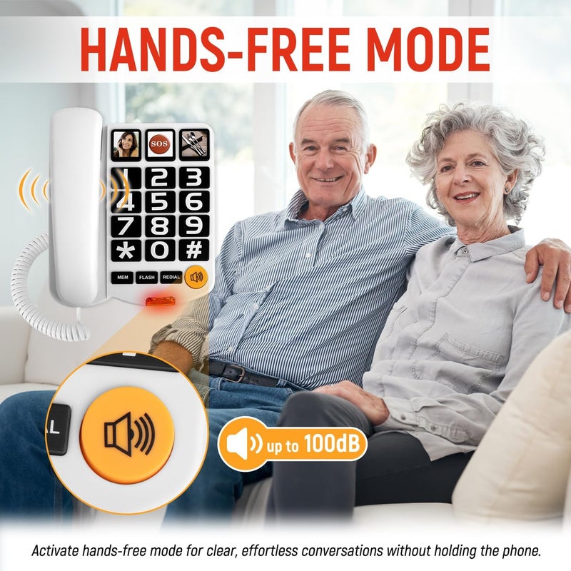 Uvital Large Button Phones for Seniors, White Corded Landline Phone with 3 One-Touch Dialing Big Buttons, Hands-Free, Loud Ringer, Adjustable Volume, Easy for Visually Impaired Telephone for Seniors - Image 4